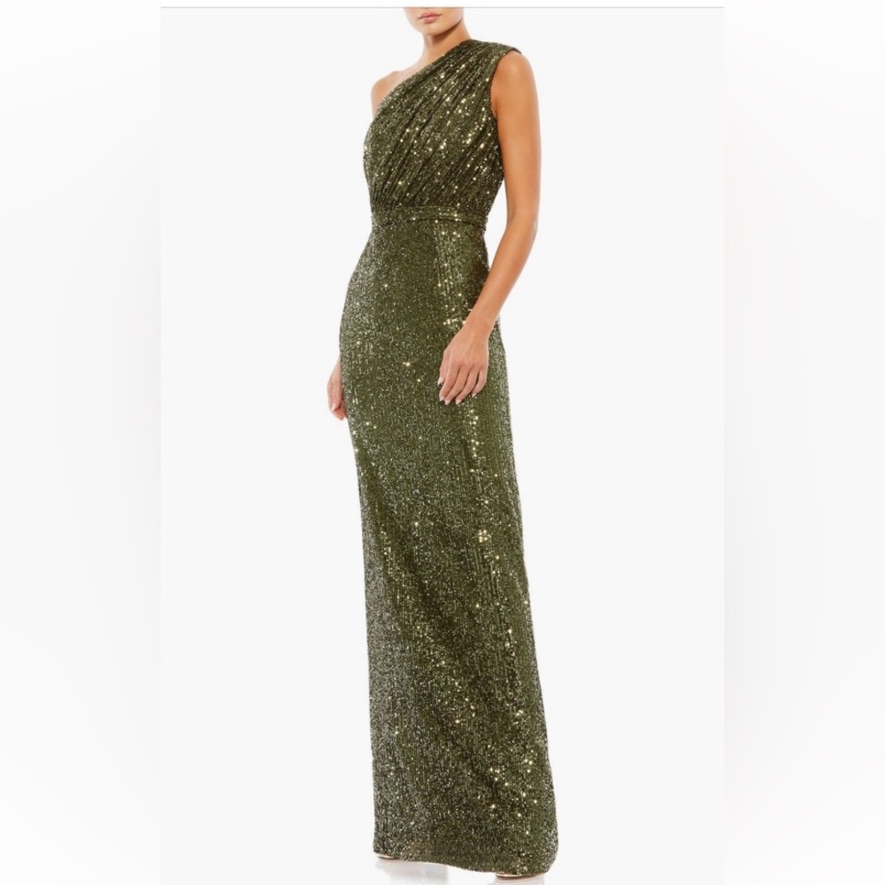 Sequin 1 shoulder gown, olive green